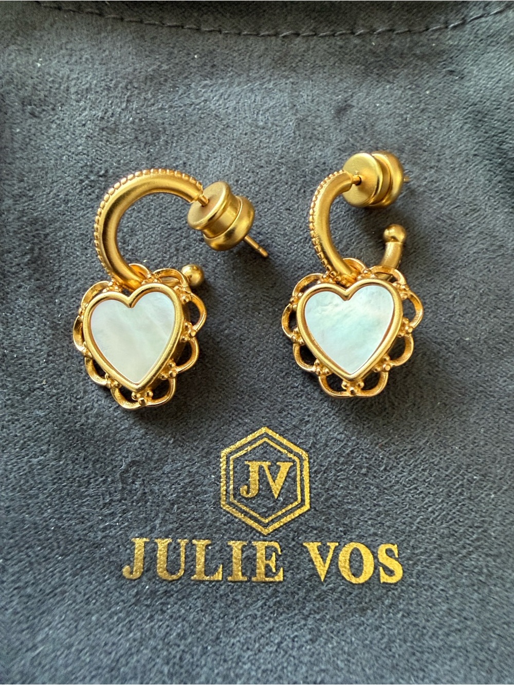 NWOT Julie Vos Gold Heart Mother-of-Pearl Drop Earrings